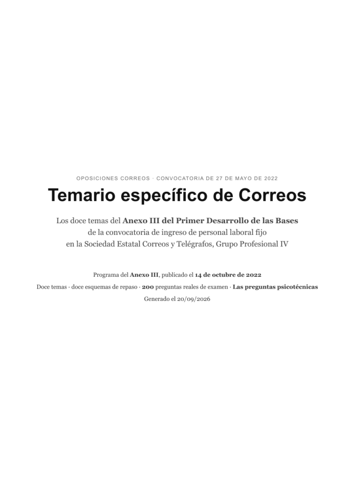 Portada del temario del bloque específico de Correos, Grupo Profesional IV