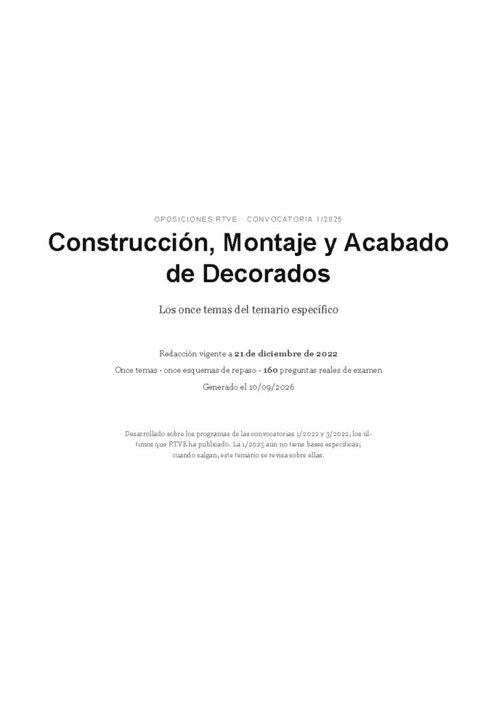 Portada del temario de Construcción, Montaje y Acabado de Decorados para las oposiciones de RTVE