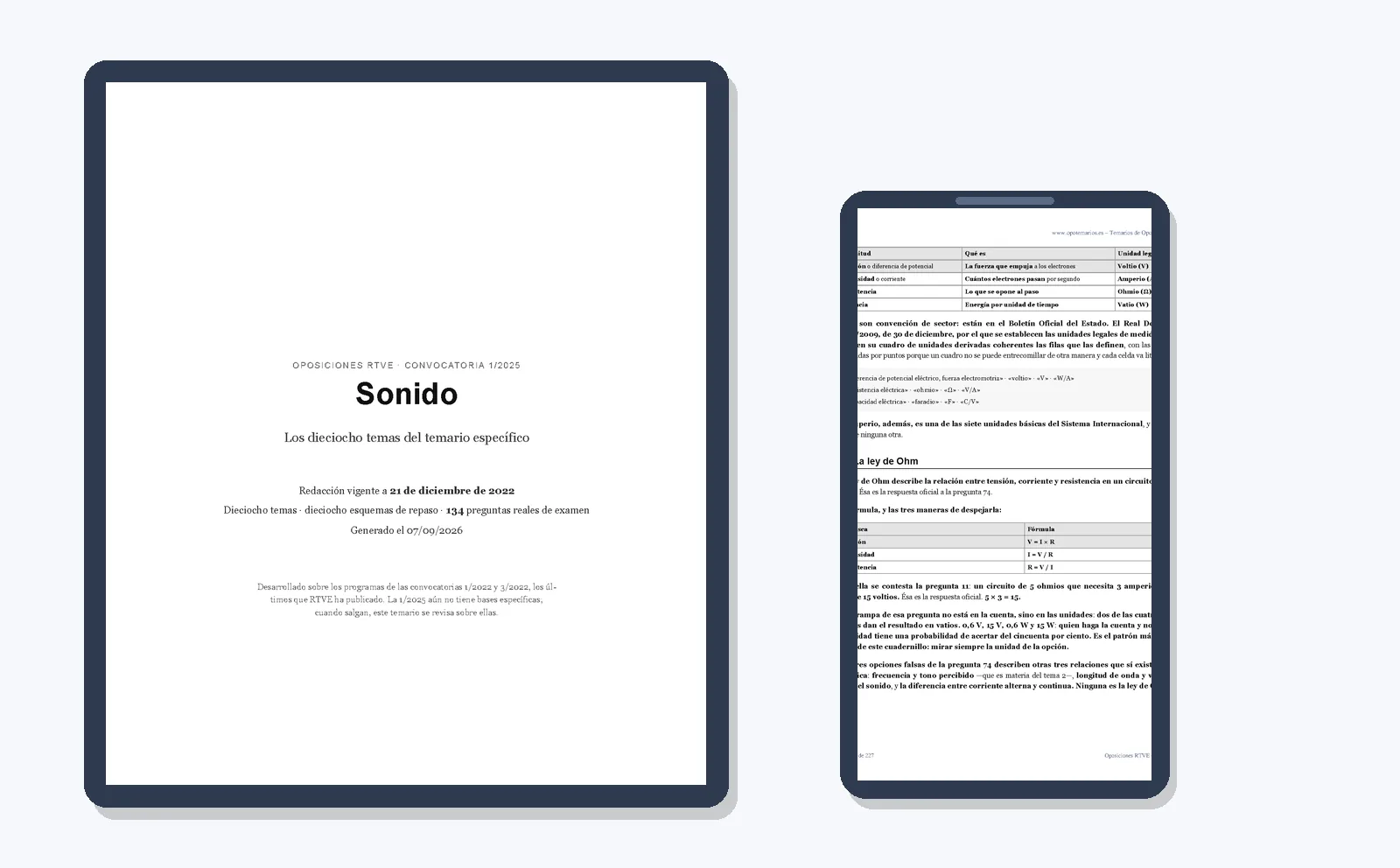 La portada del temario de Sonido en una tableta y una página de su interior en un móvil